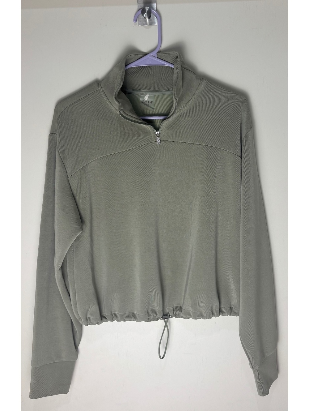 CALIA Sandwash Crop Pullover Small Sage Green Quarter Zip Drawcord Athleisure